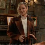 Sharon’s long plaid coat on The Young and the Restless