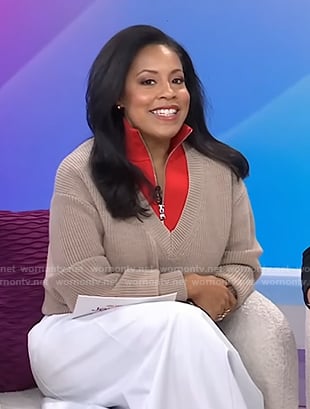 Sheinelle’s beige and red layered sweater and white skirt on Today