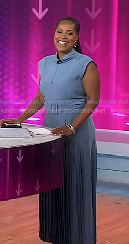 Sheinelle's blue belted pleated dress on Today
