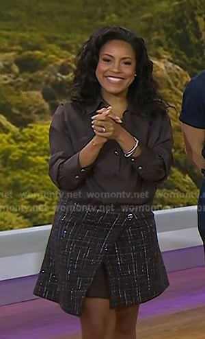Sheinelle's brown shirt and tweed mini skirt on Today
