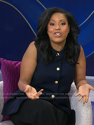 Sheinelle’s navy button front sleeveless top on Today