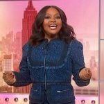 Sherri’s denim fringe trim jacket and mini skirt on Sherri