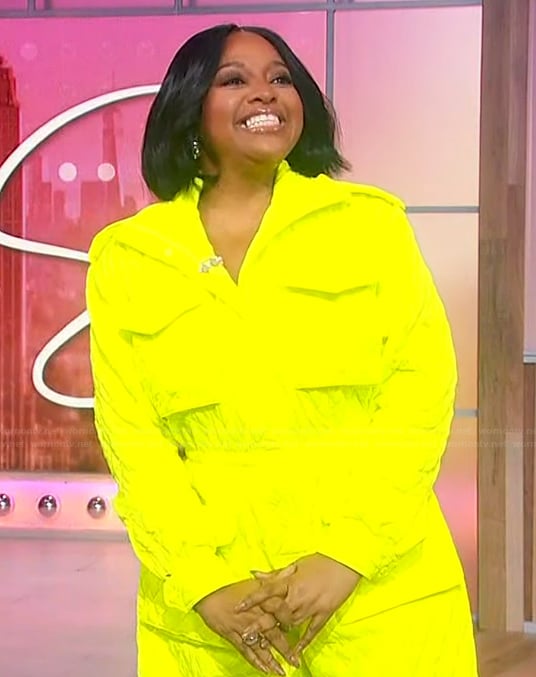 Sherri’s neon yellow quilted jumpsuit on Sherri