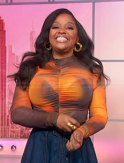 Sherri's orange tie dye mesh top on Sherri