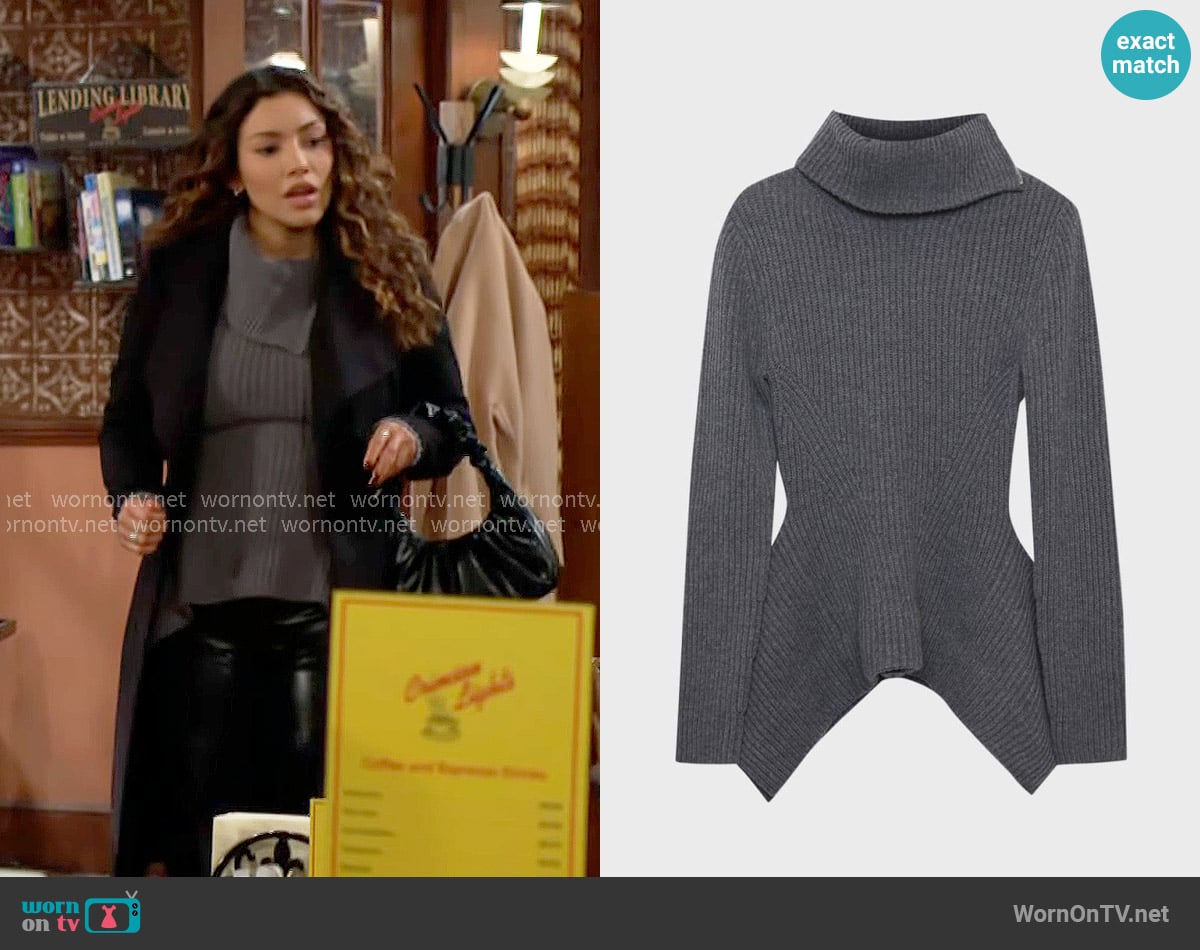 Simkhai Keyara Wool Cashmere Foldover Collar Peplum Sweater worn by Audra Charles (Zuleyka Silver) on The Young and the Restless