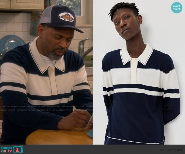 Simkhai Louis Striped Polo Sweater worn by Bernard Upshaw (Mike Epps) on The Upshaws