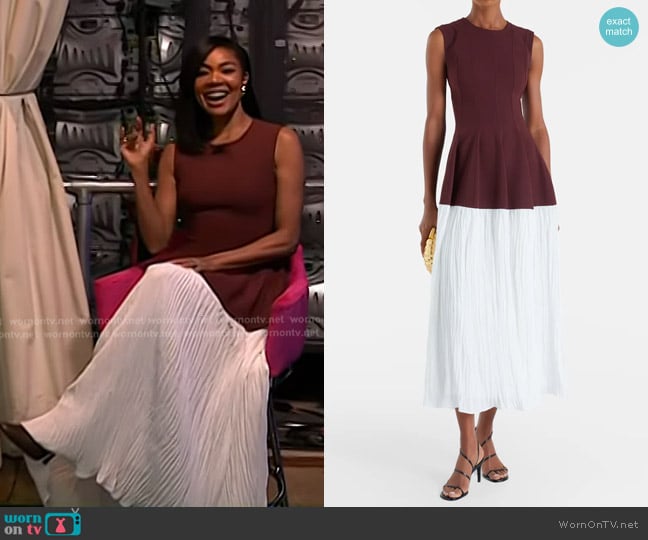 Simkhai Raleigh Pleated Midi Dress in mahogany multi worn by Gabrielle Union on Today