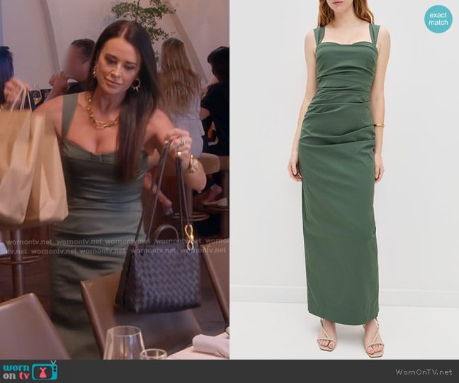 Sir. Florent Balconette Gown in Forest Green worn by Kyle Richards on The Real Housewives of Beverly Hills