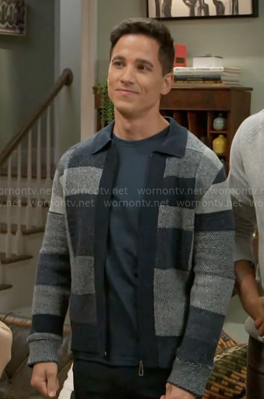 Smitty’s blue patchwork cardigan on Beyond the Gates