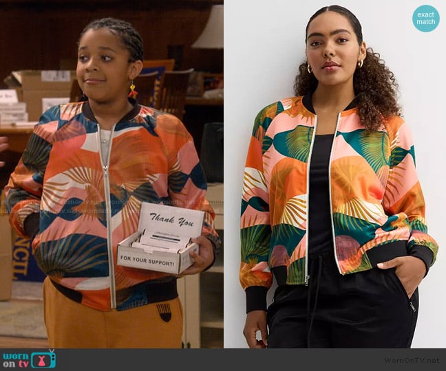 Sonoma Brooklyn Dolly Printed Bomber Jacket worn by Maya Upshaw (Journey Christine) on The Upshaws
