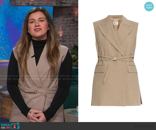 Kelly’s beige belted waistcoat on The Kelly Clarkson Show