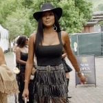 Stacey’s black fringe mini skirt on The Real Housewives of Potomac