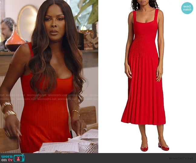 Staud Ellison Rib-Knit Sleeveless Midi-Dress worn by Stacey Rusch on The Real Housewives of Potomac