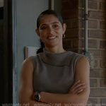 Stella's grey sleeveless foldover neckline top on Chicago Fire