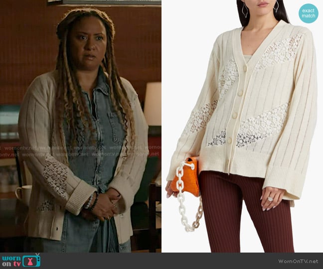 Karen’s white lace inset cardigan on 9-1-1