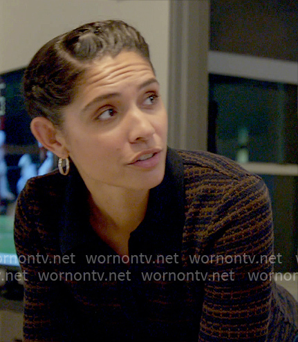 Stella’s navy and brown striped polo top on Chicago Fire