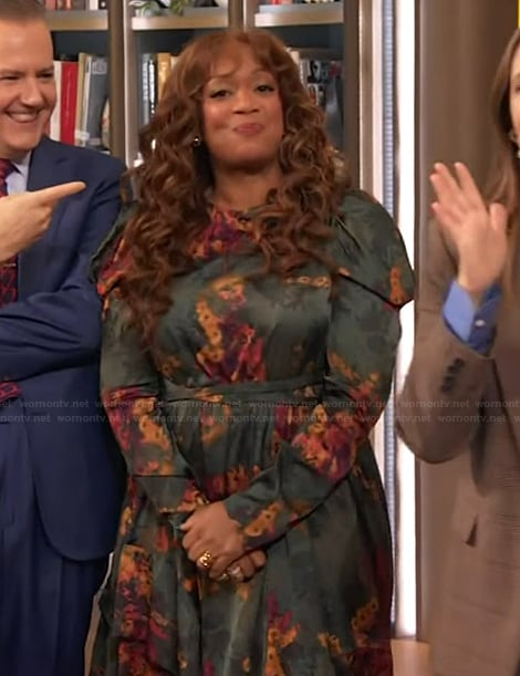 Sunny Anderson's green floral print dress on The Drew Barrymore Show