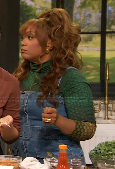 Sunny Anderson’s printed top and denim dress on The Drew Barrymore Show