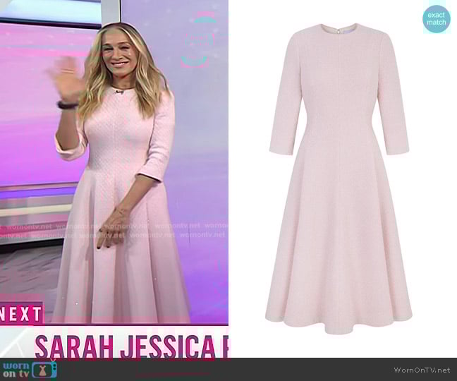 Suzannah London Lucy Midi Dress Metallic Tweed in Pink worn by Sarah Jessica Parker on Today