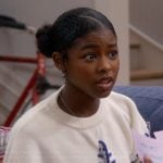 Sydney’s white star whipstitch sweater on The Upshaws