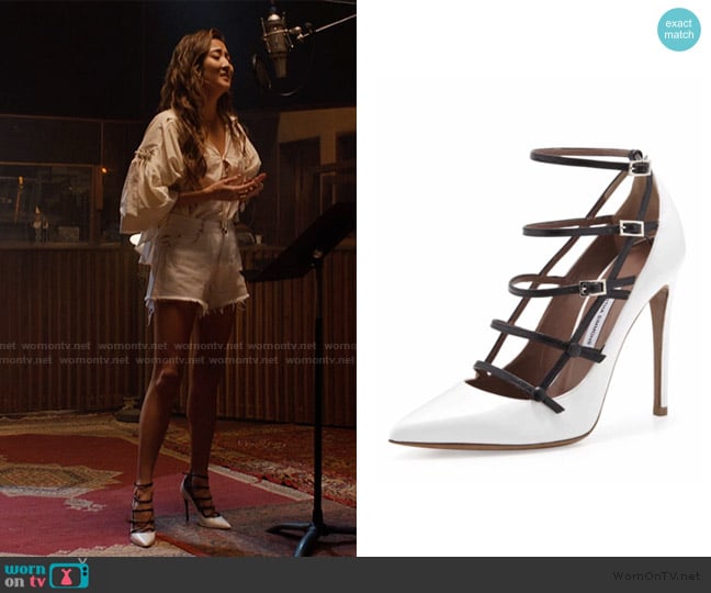 Tabitha Simmons Josephina White Black Strappy Colorblock Pumps worn by Mindy Chen (Ashley Park) on Emily in Paris
