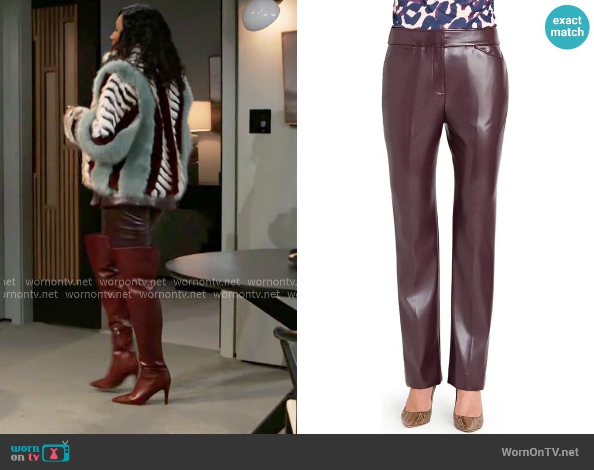 Tahari ASL Faux Leather Pants in Plum worn by Dana 'Leslie' Thomas (Trisha Mann-Grant) on Beyond the Gates