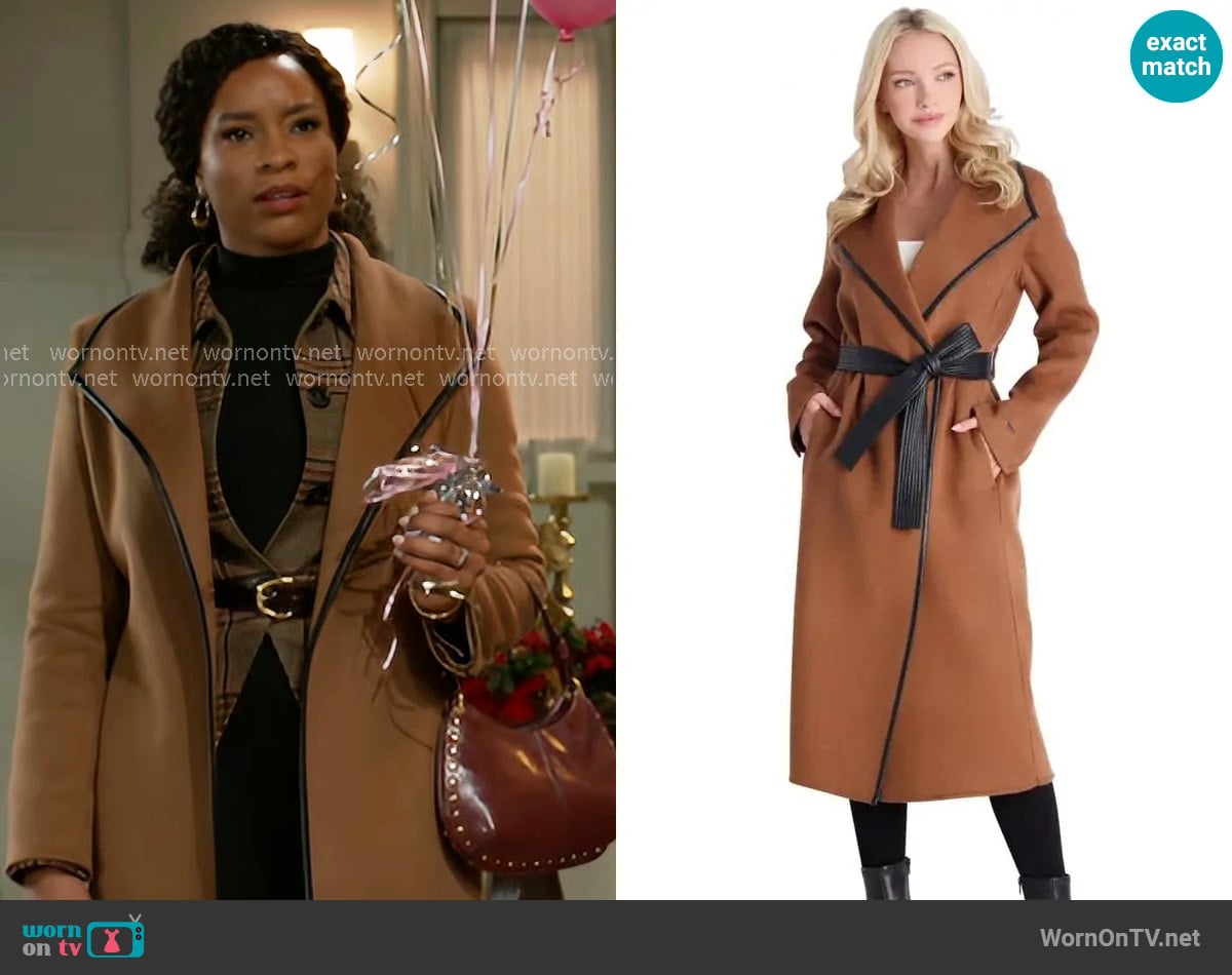 Tahari Juliette Wool Blend Belted Wrap Coat in Caramel worn by Naomi Hamilton Hawthorne (Arielle Prepetit) on Beyond the Gates