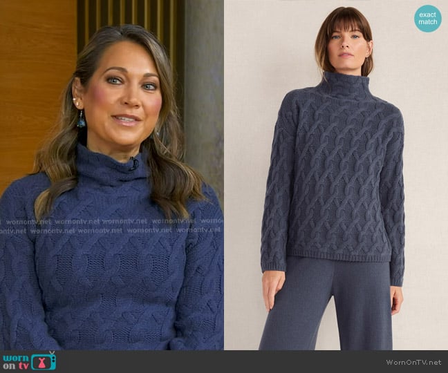 Talbots Cashmere Allover Cable Mockneck Sweater in North Sea worn by Ginger Zee on Good Morning America