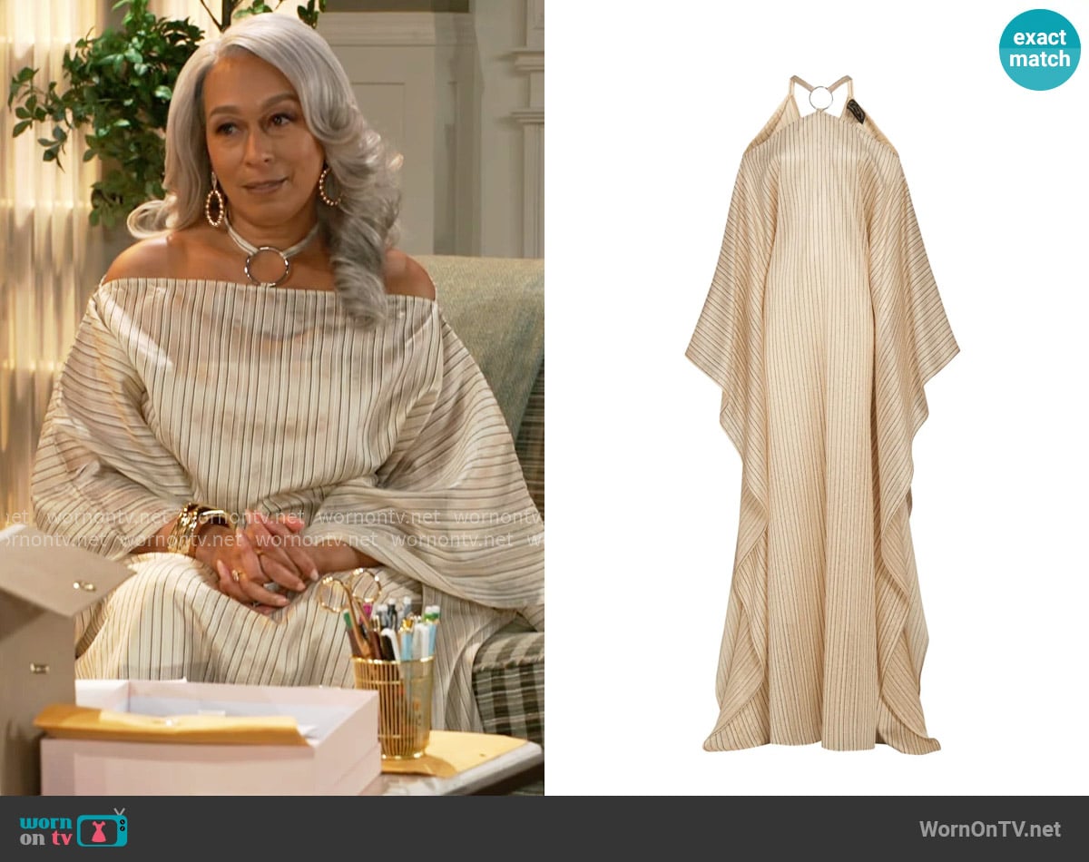 Taller Marmo Sepik striped-pattern maxi dress worn by Anita Dupree (Tamara Tunie) on Beyond the Gates