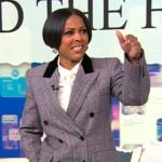 Tamron's gray check double breasted blazer on Tamron Hall Show