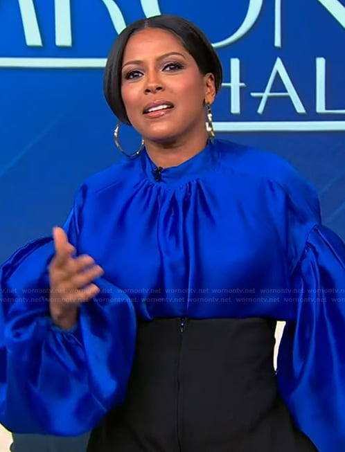 Tamron’s blue balloon sleeve blouse on Tamron Hall Show