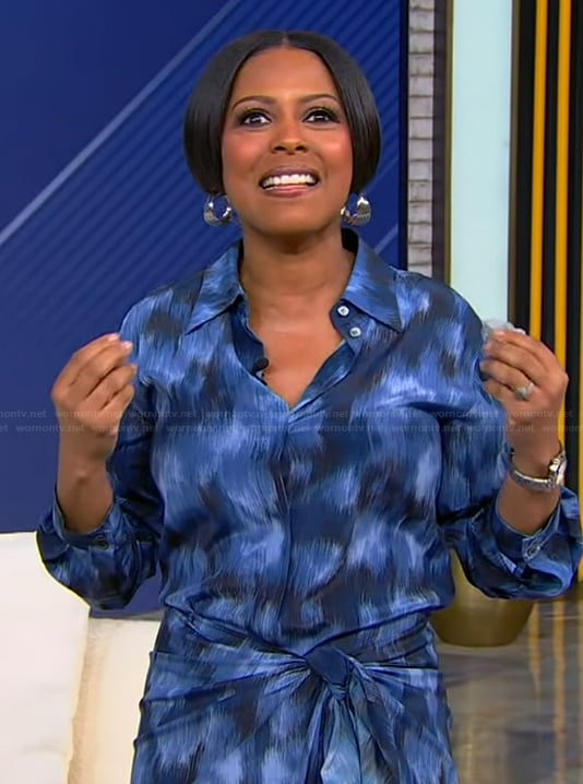 Tamron’s blue tie front shirtdress on Tamron Hall Show