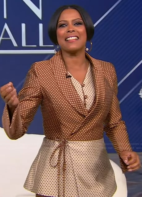 Tamron’s brown polka dot print blazer and pants on Tamron Hall Show