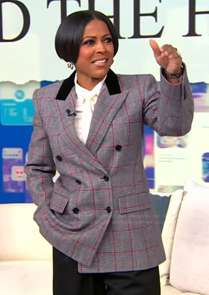 Tamron’s gray check double breasted blazer on Tamron Hall Show