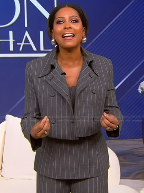 Tamron’s gray pinstripe vest and blazer on Tamron Hall Show