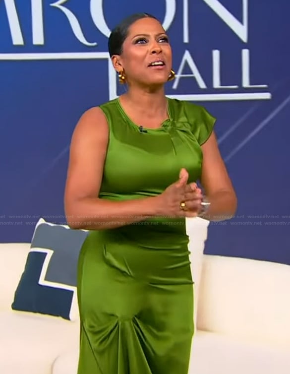 Tamron’s green satin dress on Tamron Hall Show