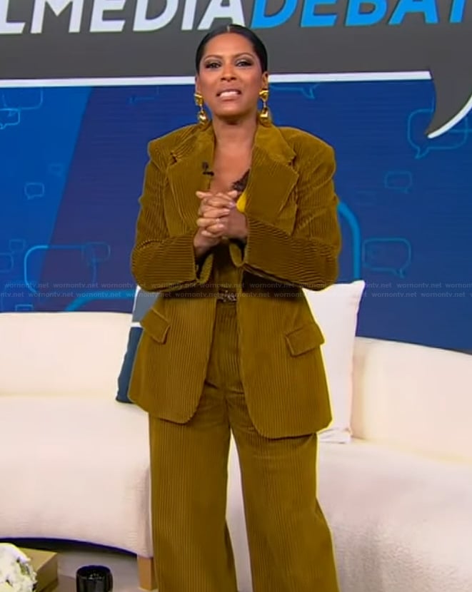 Tamron’s mustard corduroy blazer and pants on Tamron Hall Show