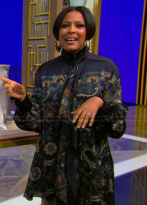 Tamron’s paisley print tie neck mini dress on Tamron Hall Show