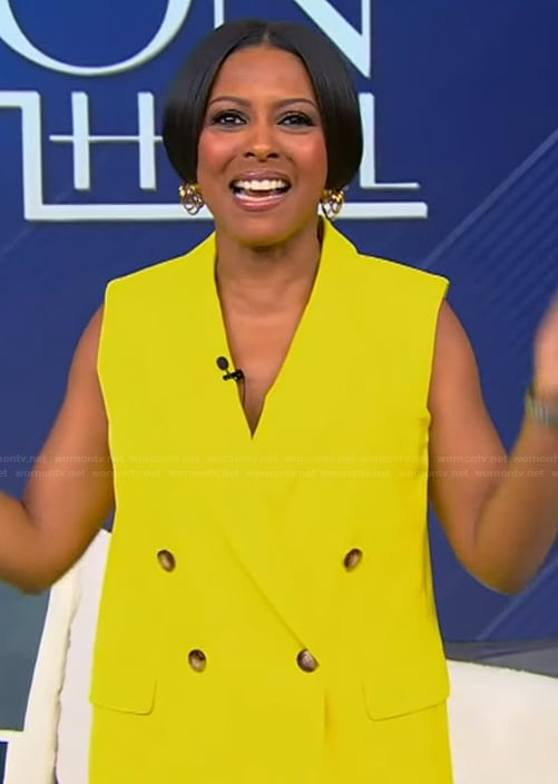Tamron's yellow double breasted vest on Tamron Hall Show