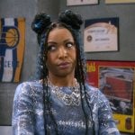 Tasha’s blue metallic top and denim pants on The Upshaws