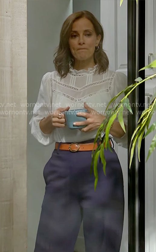 Taylor's white ruffle neck blouse on The Bold and the Beautiful