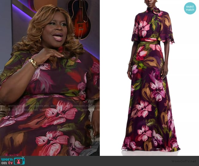 Teri Jon by Rickie Freeman Floral Flutter Sleeve Mock Neck Gown worn by Retta on The Kelly Clarkson Show