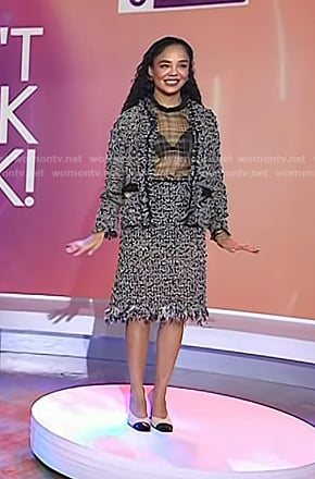 Tessa Thompson’s black tweed jacket and skirt on Today