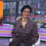 Teyana Taylor’s purple print fringed trench coat and boots on Today
