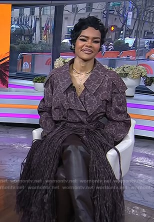 Teyana Taylor’s purple print fringed trench coat and boots on Today