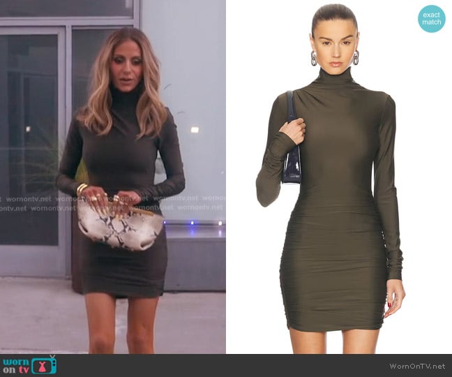 The Andamane Oleandra Turtleneck Draped Mini Dress in Khaki worn by Dorit Kemsley on The Real Housewives of Beverly Hills