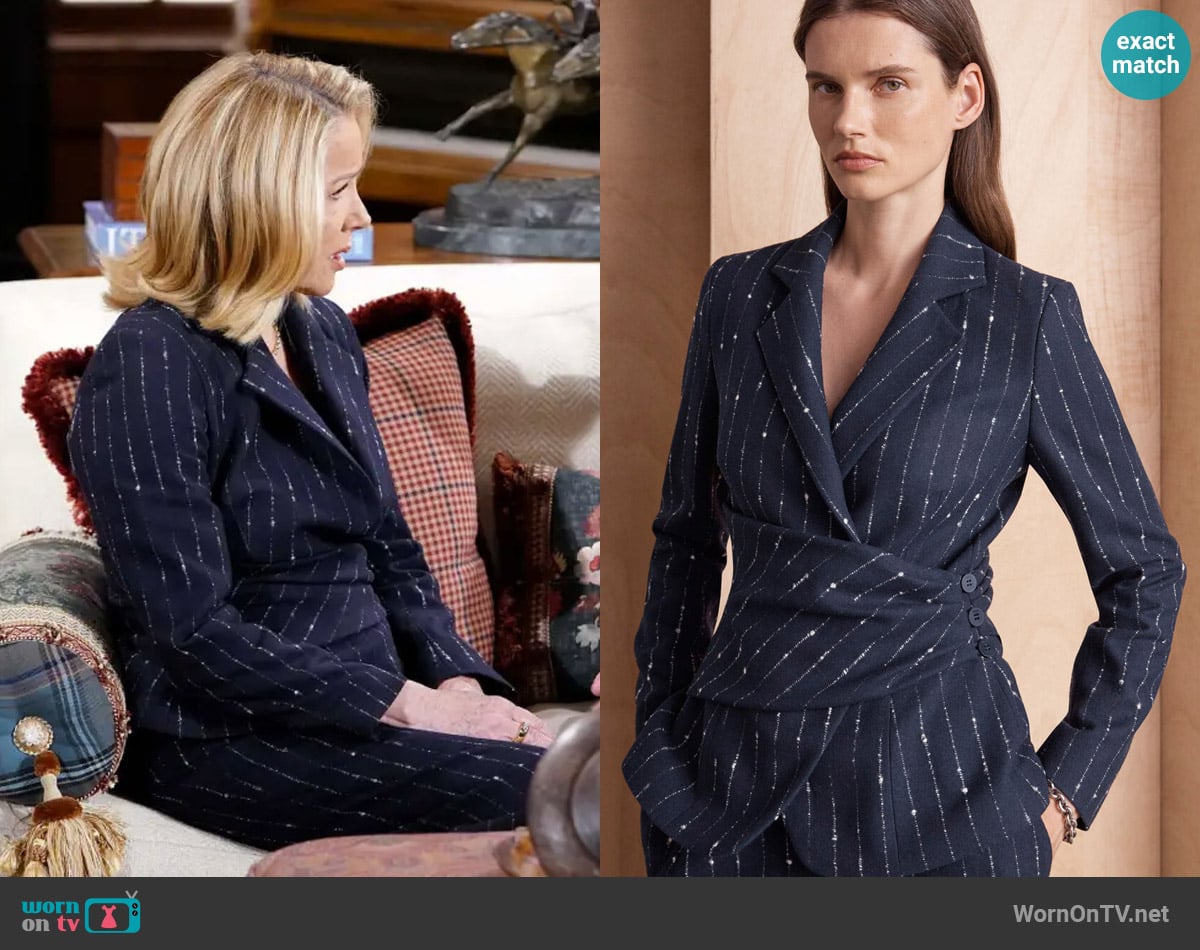 The Fold London Collingham Wool Pinstripe Jacket in Navy worn by Nikki Reed Newman (Melody Thomas-Scott) on The Young and the Restless