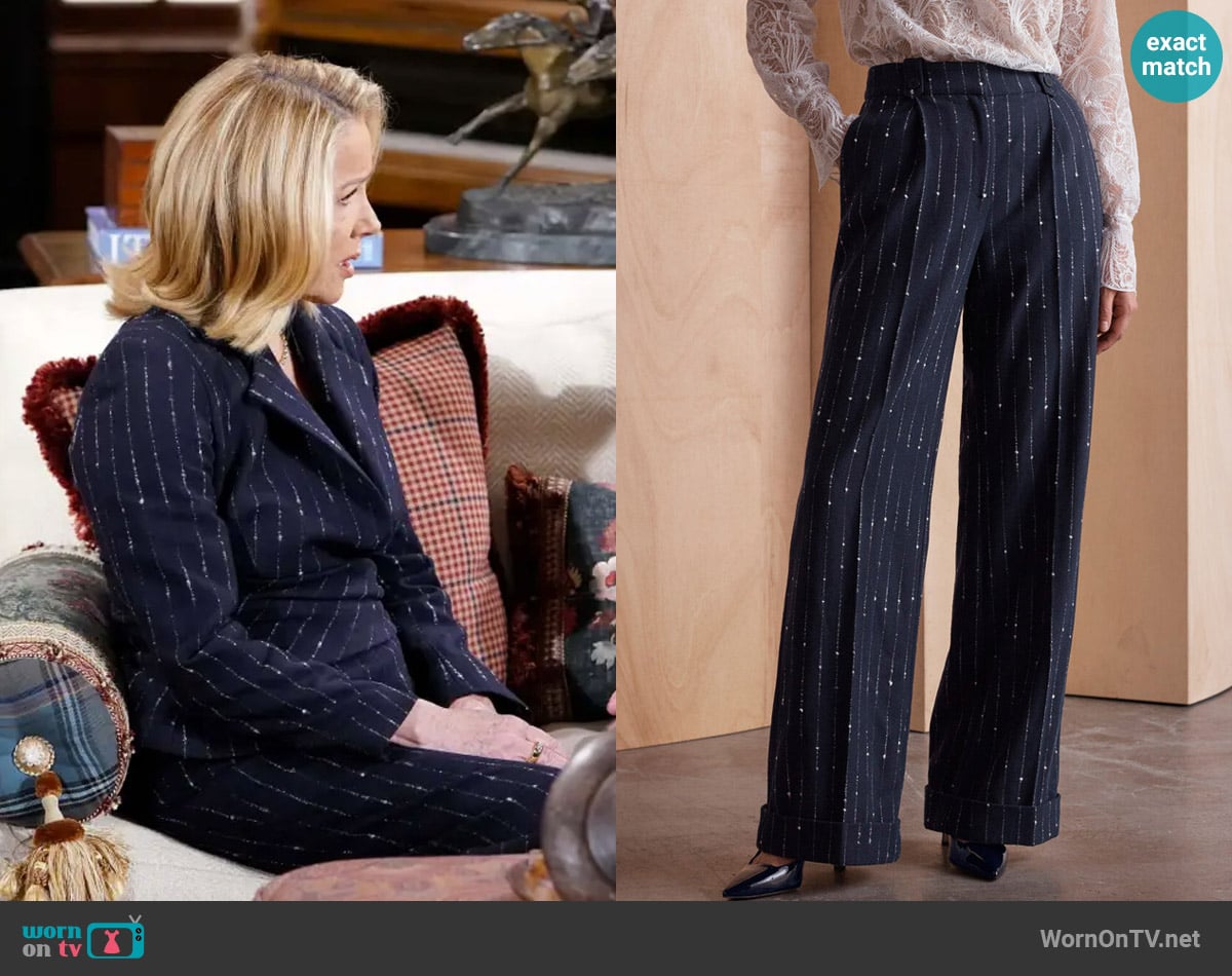 The Fold London Hartwood Wool Pinstripe Trousers in Navy worn by Nikki Reed Newman (Melody Thomas-Scott) on The Young and the Restless