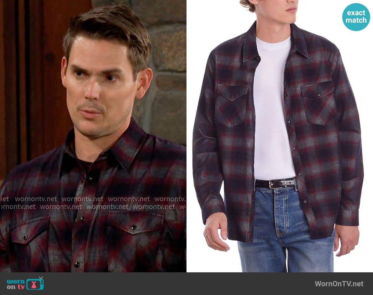The Kooples Classic Fit Long Sleeve Brushed Snap Front Shirt worn by Adam Newman (Mark Grossman) on The Young and the Restless