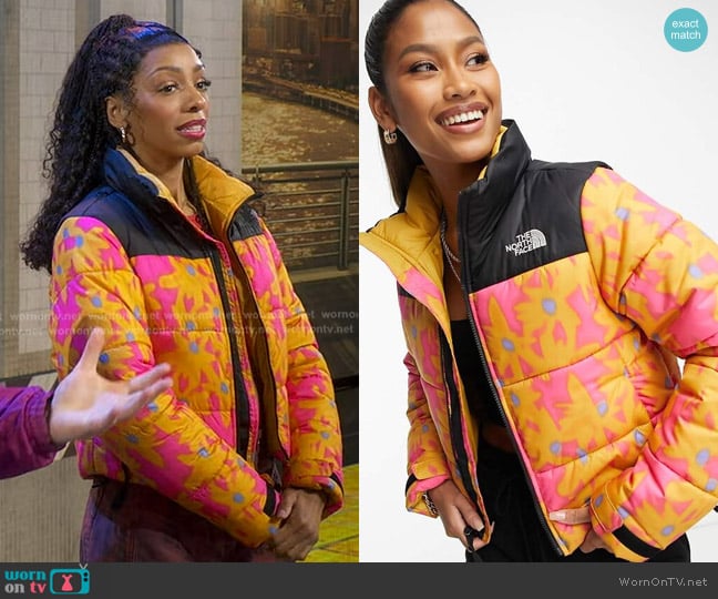 The North Face Saikuru Cropped Puffer in yellow flower print worn by Christiani Pitts on Good Morning America